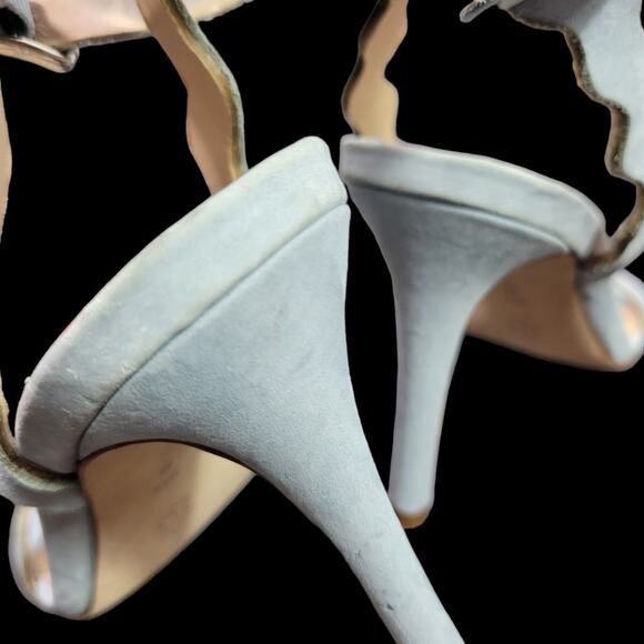 Loeffler Randall Reina Heel Blue Sandals Ankle Strap Leather Wavy Scalloped 8.5 - Picture 13 of 15